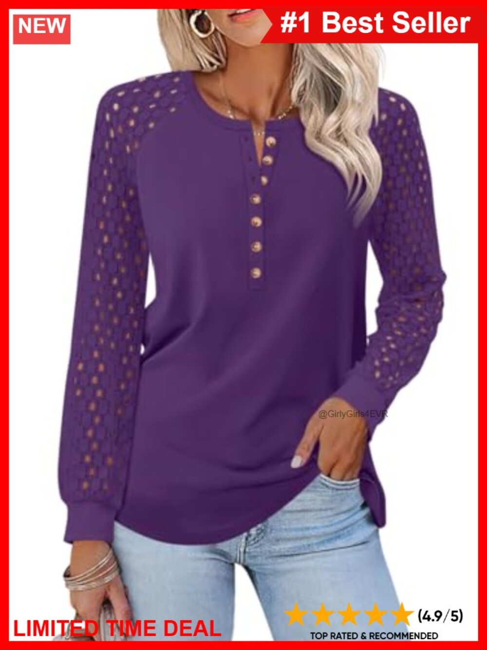 Women's Lace Long Sleeve Henley Top Button Down Casual Blouse